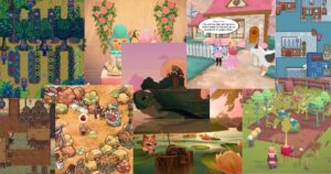 A collage of colorful, cartoon-style farming and life simulation game scenes, featuring characters, animals, crops, and cozy environments.