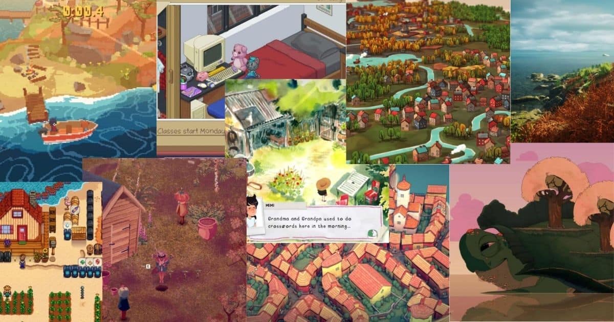 A collage of colorful, pixel art and illustrated scenes from various indie video games, featuring landscapes, villages, characters, animals, and nature settings.