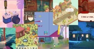 Collage of colorful scenes and characters from various cozy video games, including a camera, a coffee shop, houses, characters, and outdoor environments.