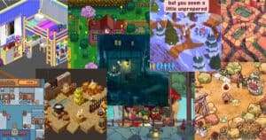 A collage of colorful pixel art and illustrated video game scenes featuring houses, shops, outdoor landscapes, and characters in various environments.