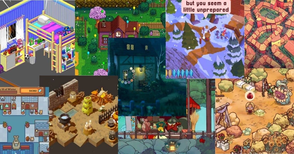 A collage of colorful pixel art and illustrated video game scenes featuring houses, shops, outdoor landscapes, and characters in various environments.