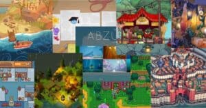 A collage of colorful video game scenes, featuring pixel art, cityscapes, underwater views, marketplaces, and fantasy settings.