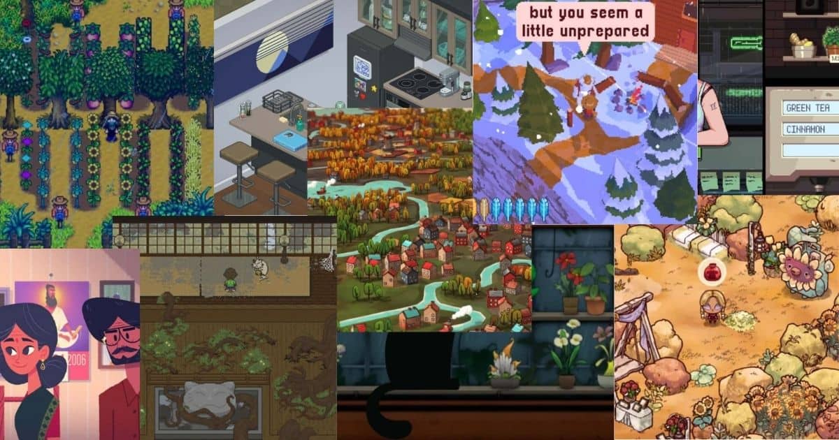A collage of various cozy video game scenes, including pixel art farms, towns, interiors, kitchens, forests, and illustrated characters, showcasing warm and inviting environments.