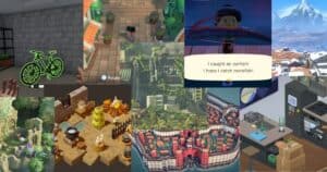 A collage of various video game scenes, including outdoor landscapes, city views, character interactions, cooking, and fishing activities.