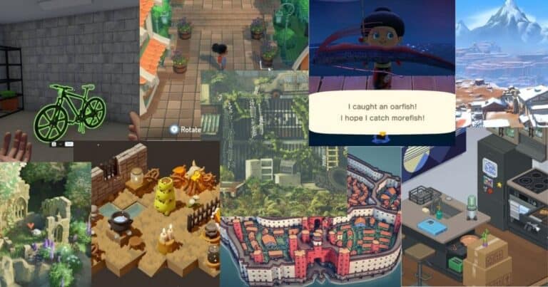 A collage of various video game scenes, including outdoor landscapes, city views, character interactions, cooking, and fishing activities.