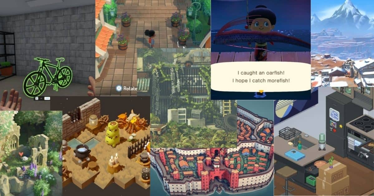 A collage of various video game scenes, including outdoor landscapes, city views, character interactions, cooking, and fishing activities.