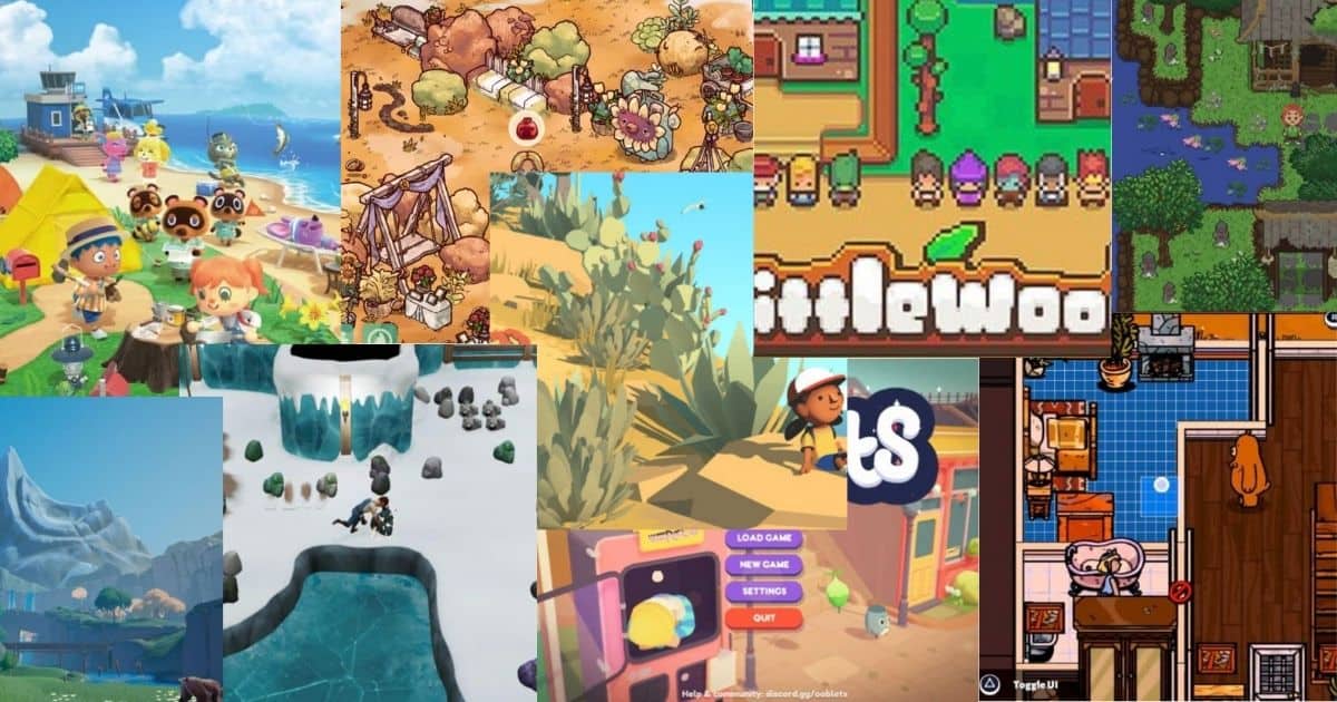 A collage of colorful video game screenshots featuring various environments including beaches, forests, deserts, snowy mountains, towns, and indoor scenes with cartoon-style characters.
