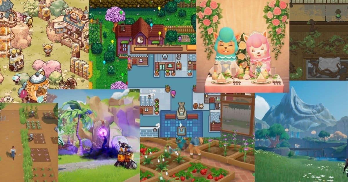 A collage of colorful video game scenes featuring farming, gardens, buildings, mountains, and cartoon characters, showcasing varied game art styles and environments.