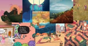 A collage of colorful, stylized video game scenes, featuring landscapes, characters, and various artistic environments.