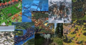 Collage of various city-building and strategy game screenshots, showing different landscapes, weather, and settlement styles in top-down and third-person perspectives.