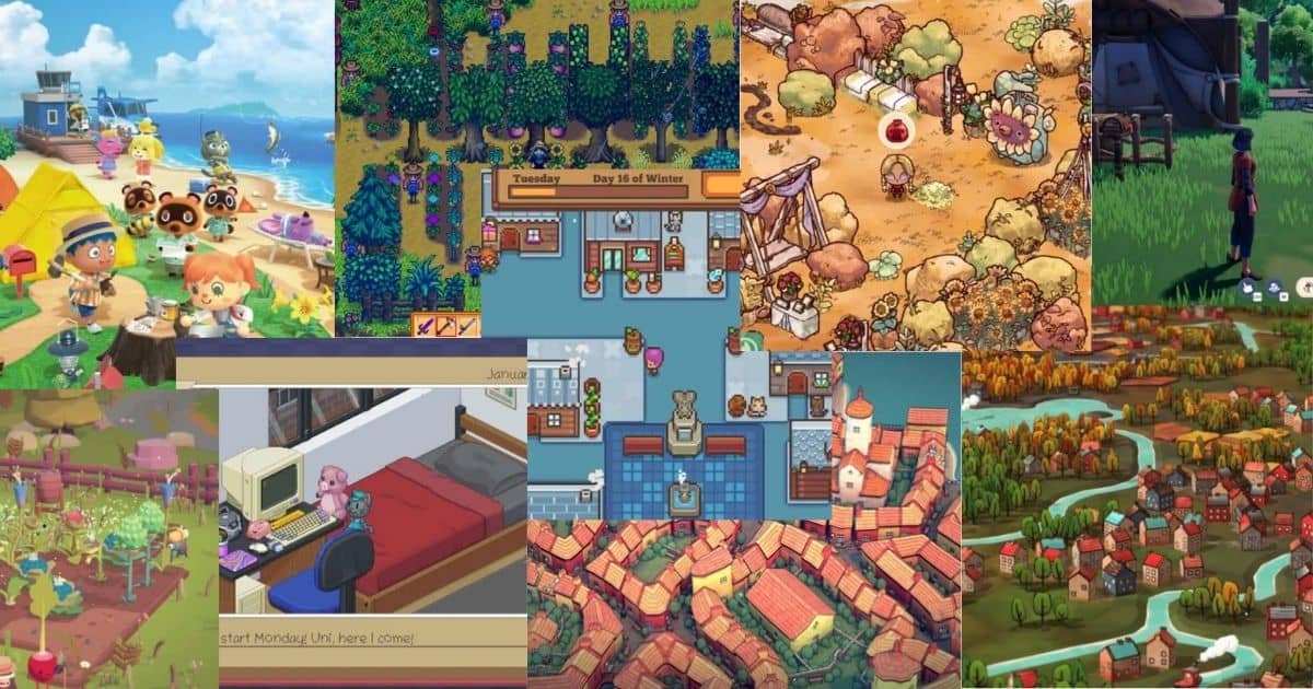 A collage of various cozy video games, featuring colorful cartoon environments, characters, farming scenes, villages, and interior rooms in different art styles.