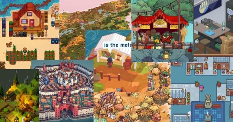 Collage of colorful, pixel art and illustrated scenes from various video games, depicting landscapes, buildings, interiors, and characters in different settings.