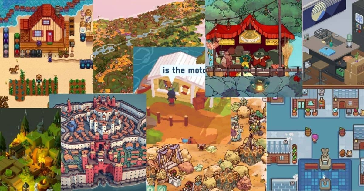 Collage of colorful, pixel art and illustrated scenes from various video games, depicting landscapes, buildings, interiors, and characters in different settings.