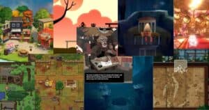A collage of various video game scenes including pixel art towns, character dialogues, maps, farm fields, and fantasy environments.