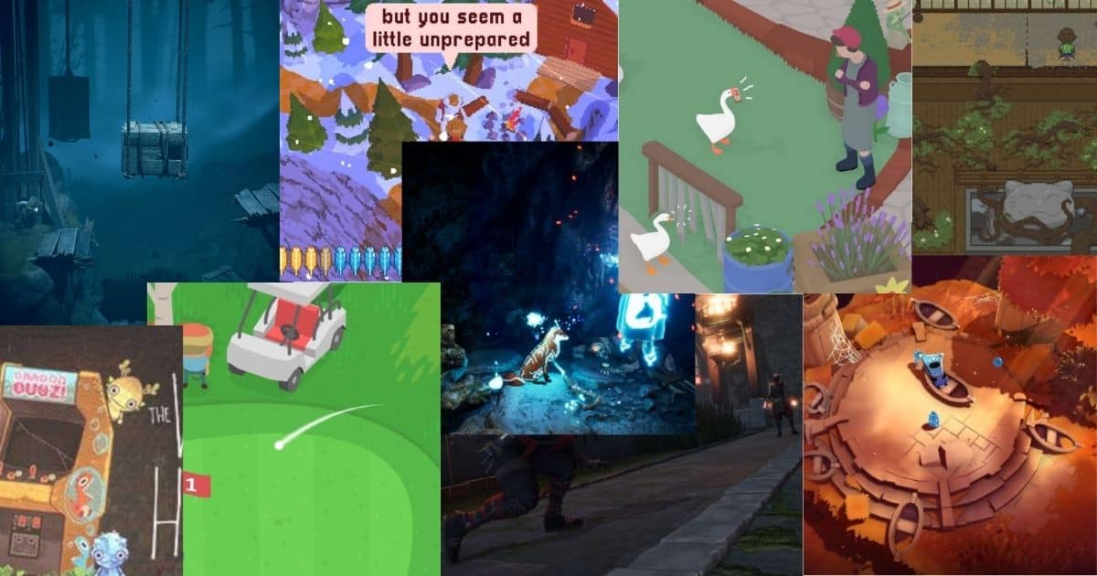 A collage of scenes from various indie video games, featuring diverse characters, settings, and gameplay elements, including a goose, an arcade, and fantasy environments.