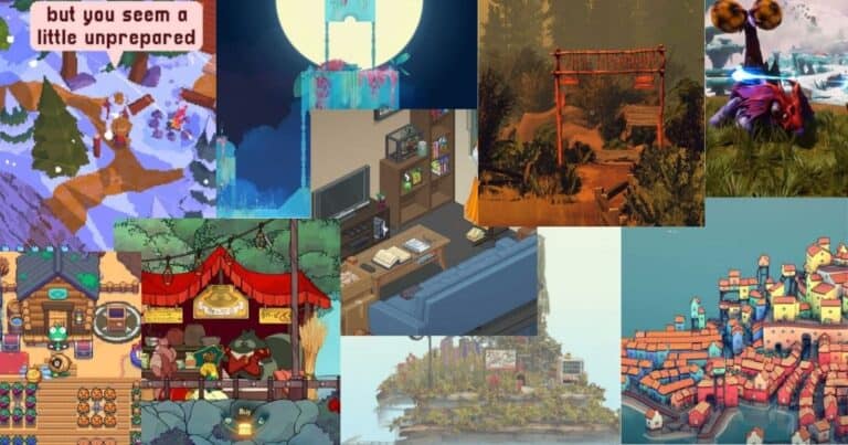 A collage of various cozy and colorful pixel art and digital illustrations depicting village scenes, nature landscapes, market stalls, and interior rooms.