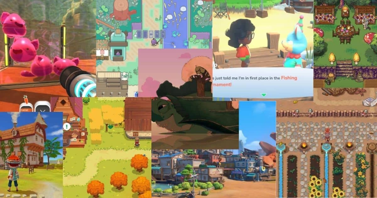 A collage of colorful screenshots from various farming and life simulation video games, featuring characters, animals, buildings, and crops in different art styles.
