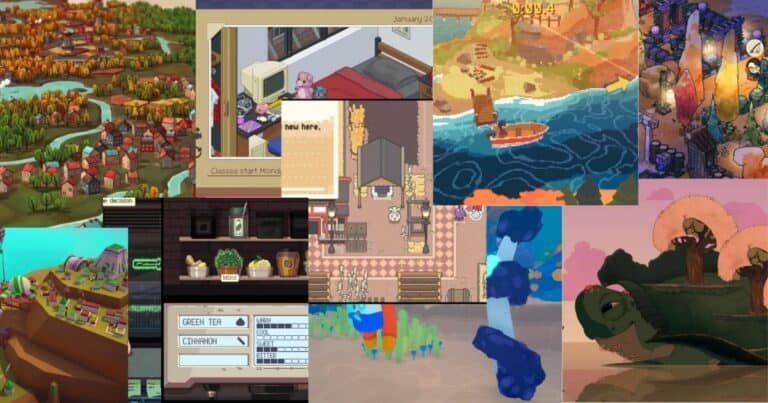 A collage of various pixel art and animated game scenes, featuring landscapes, interiors, characters, and colorful environments.