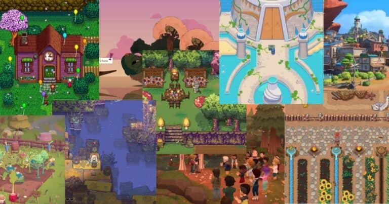 A collage of colorful pixel art scenes from various video games, featuring houses, gardens, towns, and groups of people in outdoor and indoor settings.