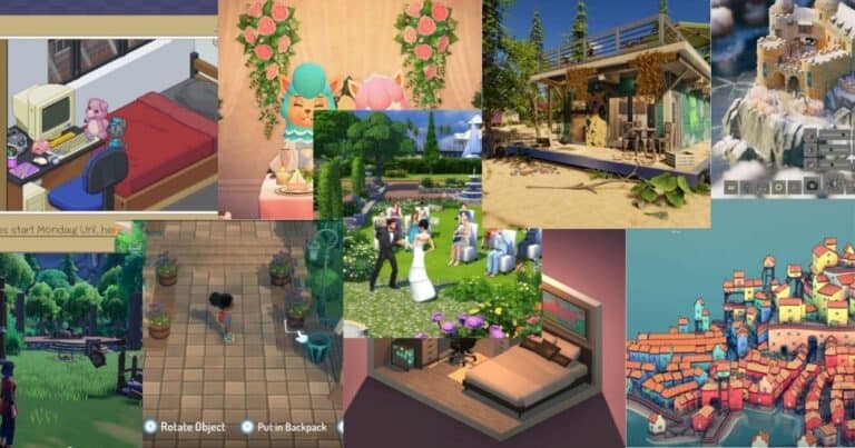 A collage of various video game scenes including characters in rooms, outdoor environments, a wedding, a seaside town, and a modern house.