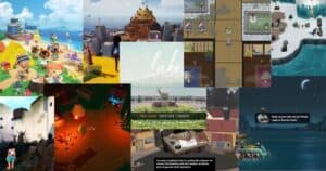 A collage of video game screenshots featuring various environments, characters, game menus, and dialogue boxes from different indie games.