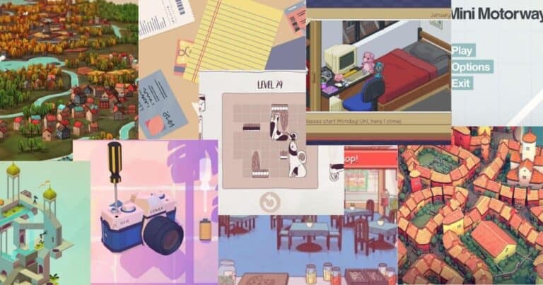 A collage of various indie video game screenshots, featuring colorful landscapes, puzzle interfaces, and stylized characters in different game environments.