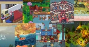 A collage of colorful, pixel-art and illustrated scenes from various cozy and wholesome indie video games, featuring homes, villages, landscapes, and characters.