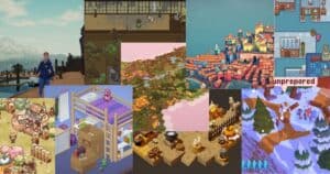 Collage of various cozy video game scenes, including colorful towns, characters, animals, interior rooms, and outdoor environments in pixel art and illustrated styles.
