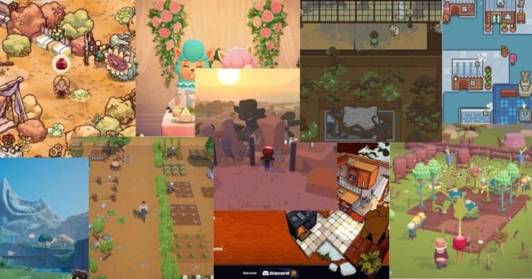 A collage of various farming and life simulation video games, showing different environments, characters, and activities like planting, harvesting, and animal care.