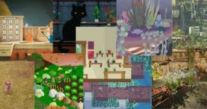 A collage of various pixel art and illustrated scenes from video games featuring gardens, plants, a compost bin, a cat, and interior and exterior garden settings.