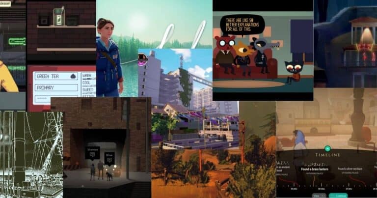 A collage of various video game scenes, featuring diverse characters, environments, and interface elements from multiple games in different art styles.