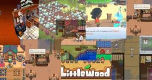 A collage of pixel art scenes from the video game Littlewood, showing various in-game locations, characters, and activities like fishing and farming.