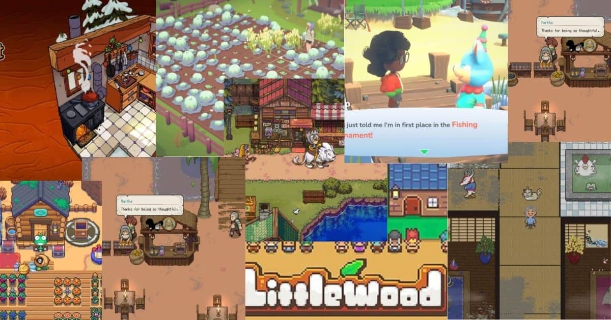 A collage of pixel art scenes from the video game Littlewood, showing various in-game locations, characters, and activities like fishing and farming.