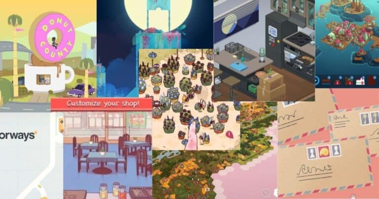 A collage of screenshots from various video games, featuring colorful environments, buildings, maps, and user interface elements.