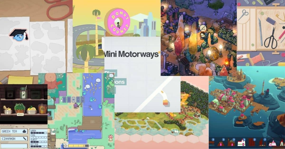 A collage of screenshots from various colorful video games, showing different art styles, game menus, and environments.