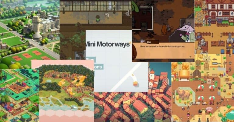 A collage of colorful screenshots from various simulation and management video games, featuring landscapes, buildings, maps, and character dialogue boxes.