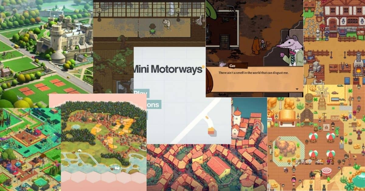 A collage of colorful screenshots from various simulation and management video games, featuring landscapes, buildings, maps, and character dialogue boxes.