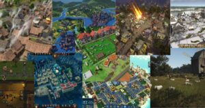 Collage of various city-building video games showing different environments, architectures, and time periods, including urban, rural, winter, and industrial settings.
