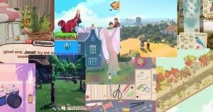A collage of various cozy video game scenes, including characters, houses, landscapes, crafting tools, and peaceful townscapes.