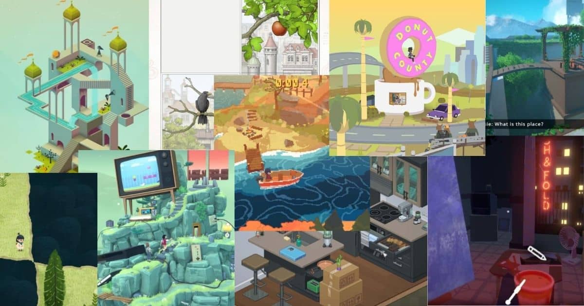 A collage of various video game scenes featuring different environments, including landscapes, buildings, indoor settings, and stylized characters.