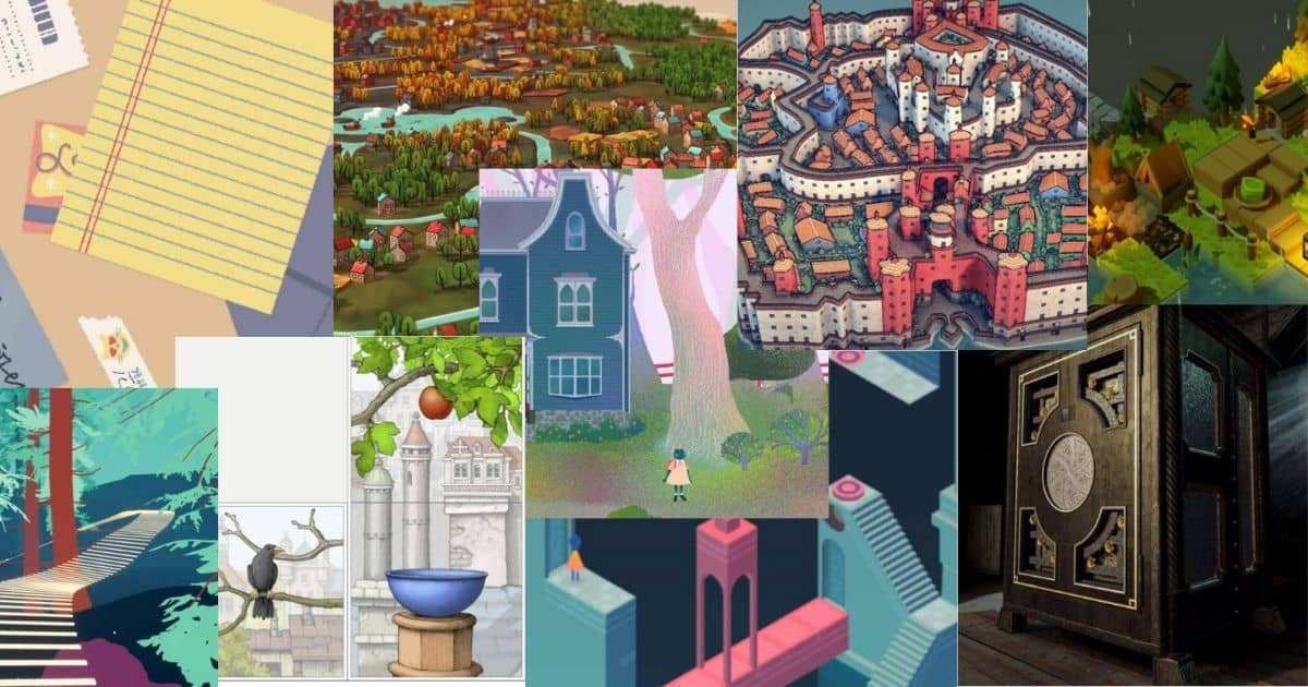 A collage of various stylized illustrations, including landscapes, buildings, a house, a notepad with a pencil, a garden scene, and architectural elements.