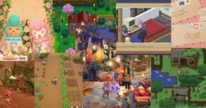 A collage of various farming and life simulation video games showing characters, farming activities, interiors, letters, and outdoor environments.