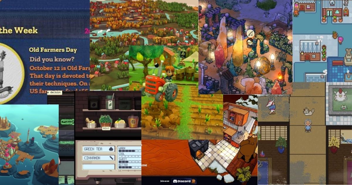 A collage of various colorful farming and life simulation video game scenes, featuring farms, animals, gardens, cozy interiors, and user interface elements.