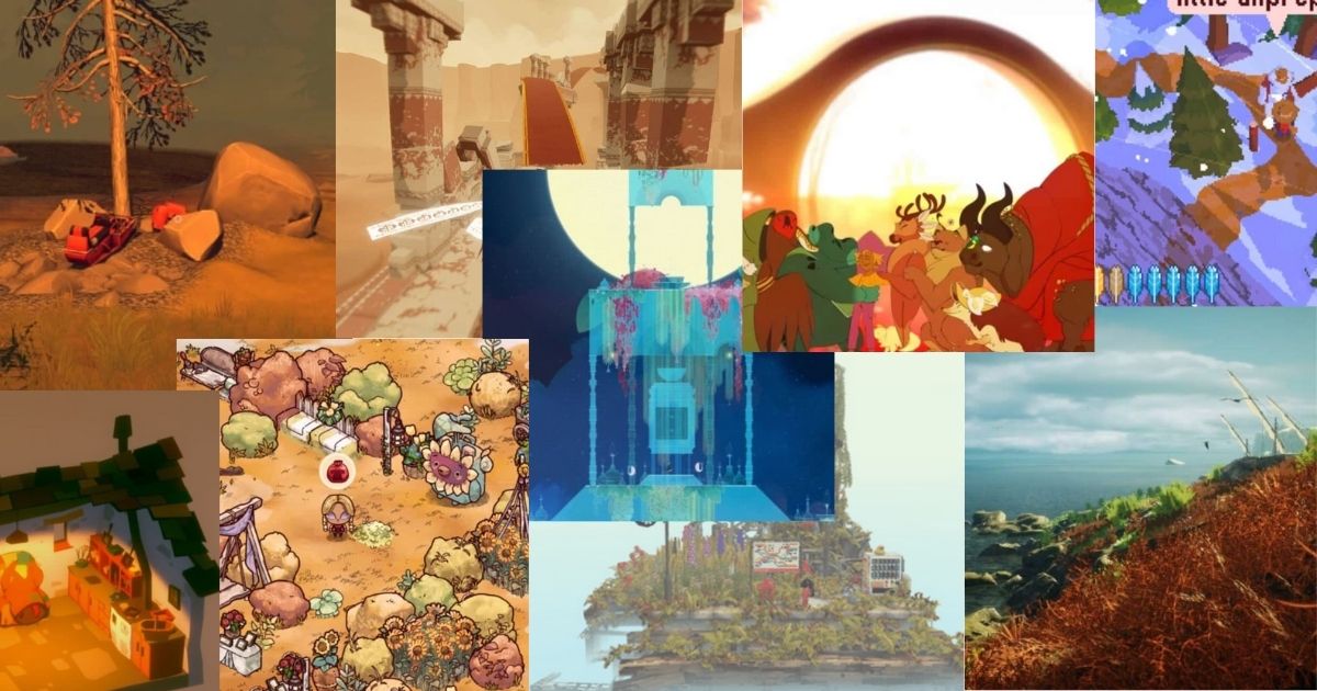 A collage of various colorful video game scenes, including landscapes, characters, and imaginative environments from different games.