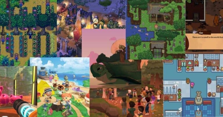 A collage of screenshots from various farming and life simulation video games, showing different game environments, characters, and activities.