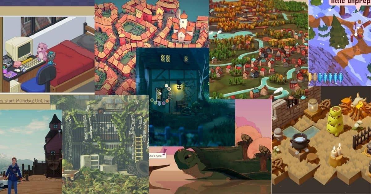 A collage of various indie video game environments, featuring pixel art, 3D models, towns, forests, interiors, and fantasy landscapes in different artistic styles.
