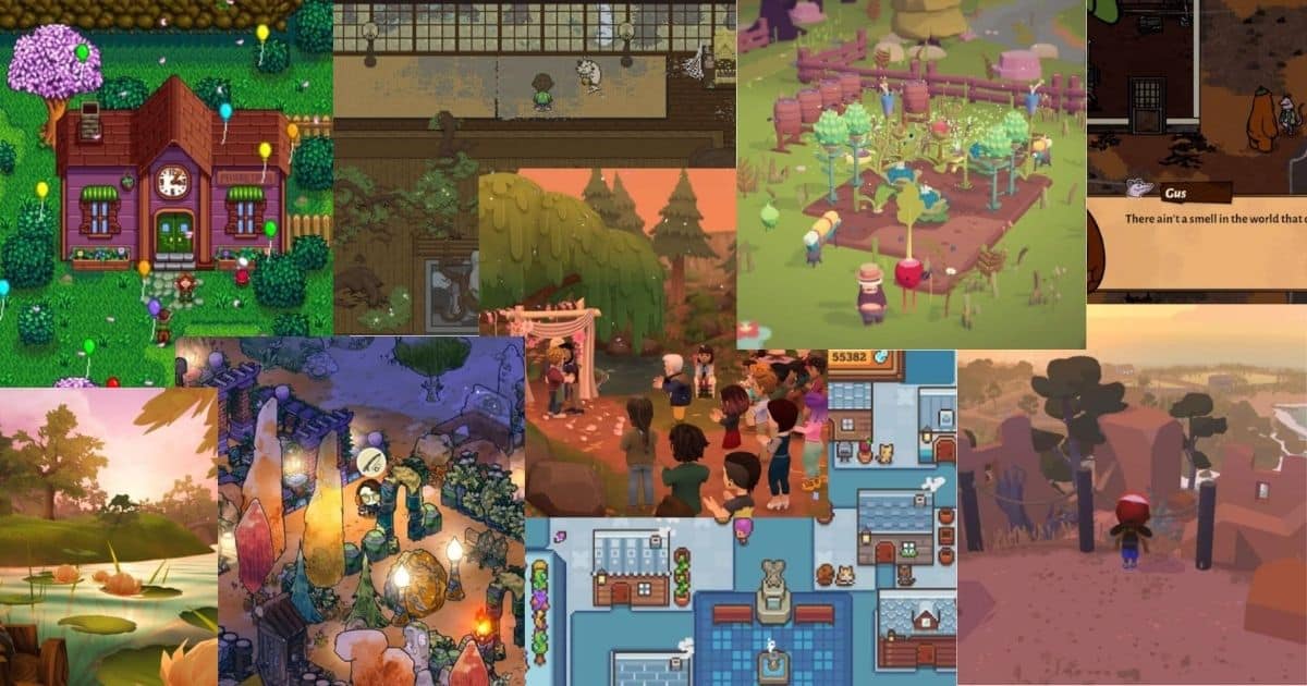 A collage of screenshots from various cozy indie video games, featuring outdoor scenes, gardens, characters, and colorful, pixel-art environments.
