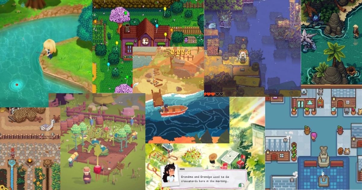 A collage of pixel art scenes from various farming and life simulation video games, showing fishing, farming, sailing, and interaction with characters in different environments.