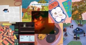 A collage of various colorful video game scenes, including food, maps, buildings, characters, a fountain, and a dark interior with lockers and keys.