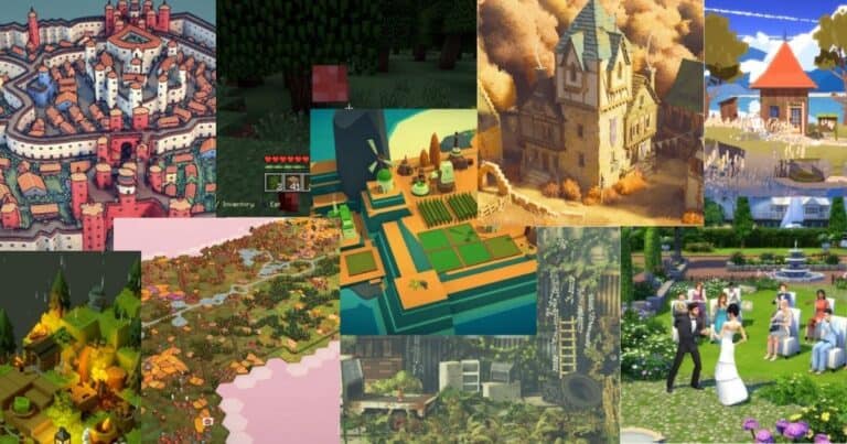 Collage of various video game landscapes and environments, including medieval cities, farms, forests, gardens, and a wedding scene, depicted in different art styles.